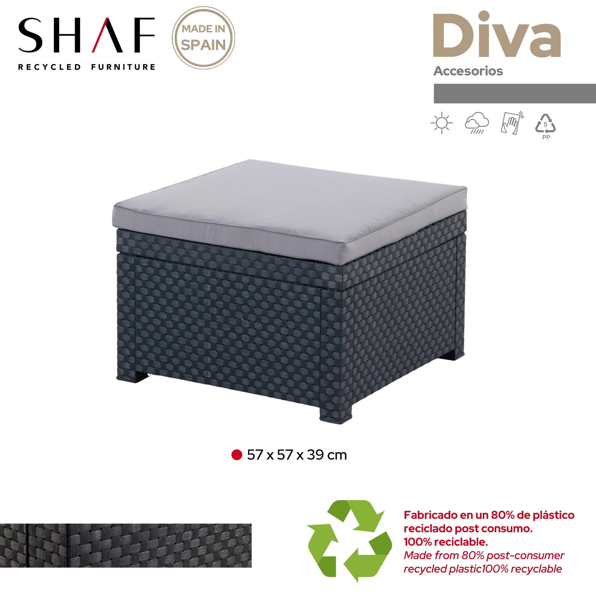 Shaf - Diva | Puff Exterior para Muebles de Jardin - Taburete Bajo de Jardin | Fabricado en España con Materiales Reciclados - Color Grafito