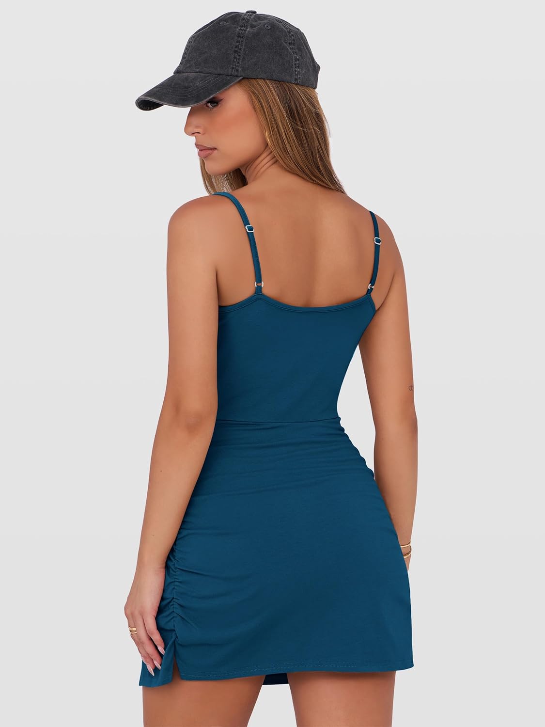 Caracilia Womens Summer Spaghetti Strap Dress Tie Waist Romper Skorts Bodycon Beach Vacation Mini Dresses Built in Shorts