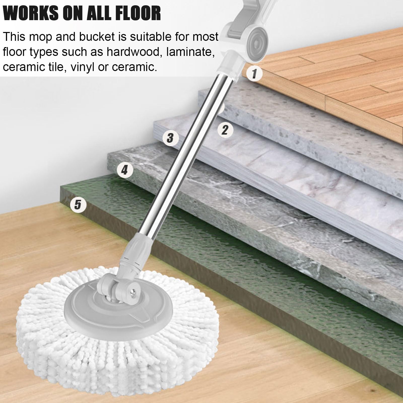 Este Juego de fregona giratoria y Cubo con escurridor para el hogar, Sistema de fregona giratoria de Microfibra con 7 Cabezales de Recambio, Mango extendido de 130 cm para la Limpieza de Sue