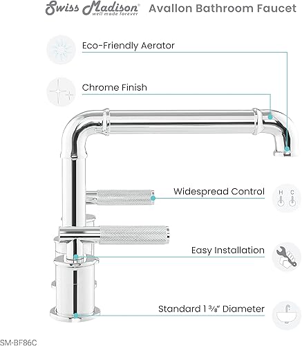 Miniatura 4 de Swiss Madison SM-BF86C Avallon - Grifo de baño (8.0 in), diseño de mango amplio y elegante, cromado