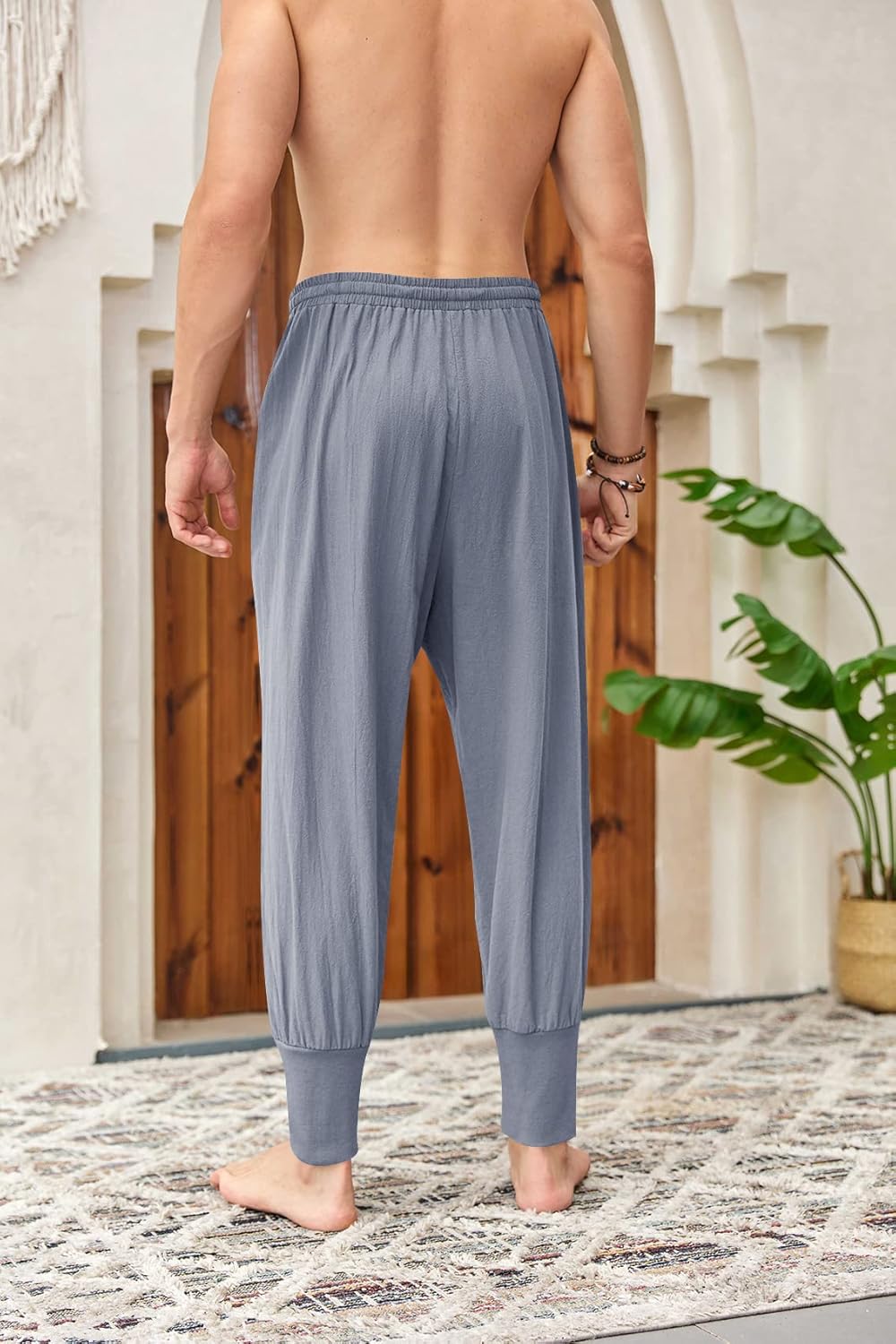 Mens Linen Harem Pants Lightweight Drawstring Elastic Waist Baggy Joggers Casual Cargo Sweatpants Pant - Image 3