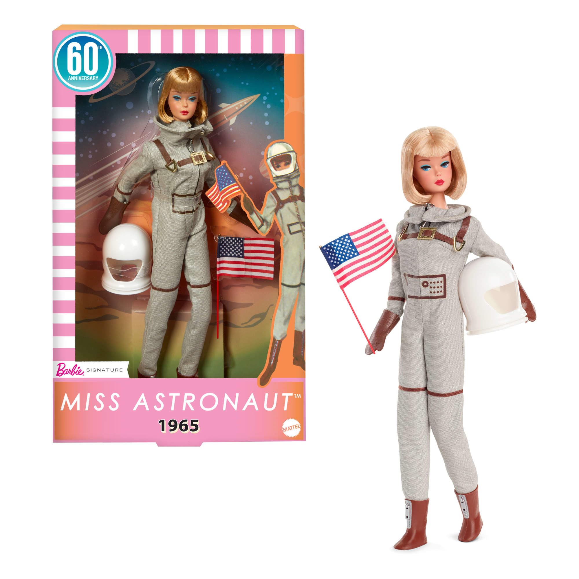 Barbie Signature Astronauta, bambola da collezione con tuta argentata, stivali spaziali e casco inclusi, riproduzione vintage del 1965, giocattolo per adulti, JBJ48