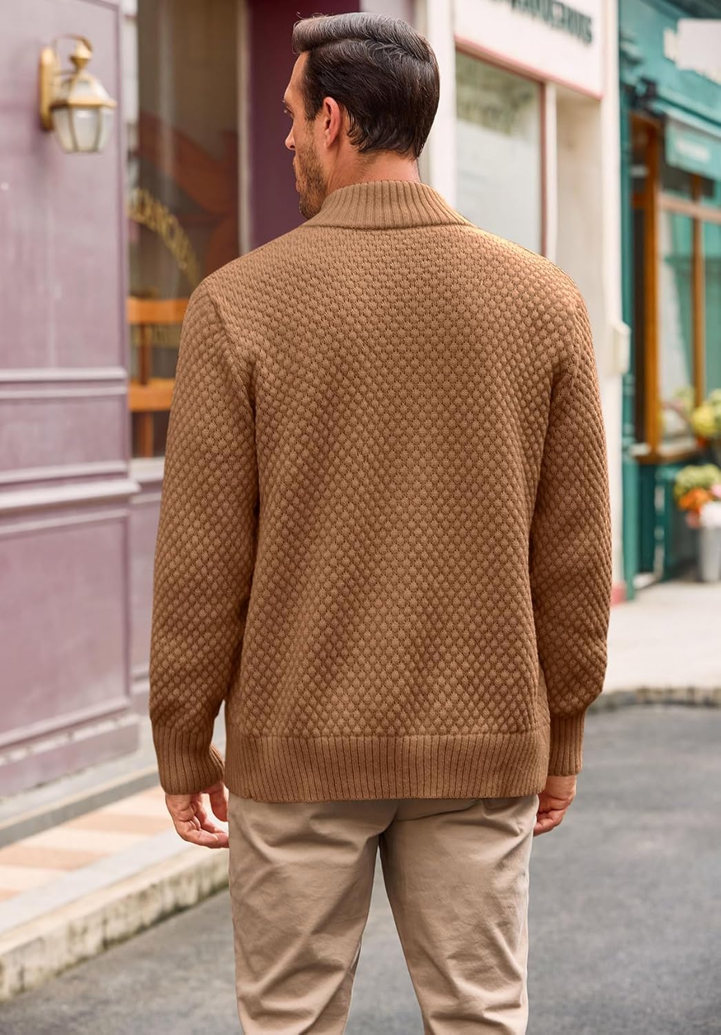 Runcati Mens Zip Up Cardigan Sweater Casual Stand Collar Textured Knit Ribbed Chunky Sweaters - Image 3