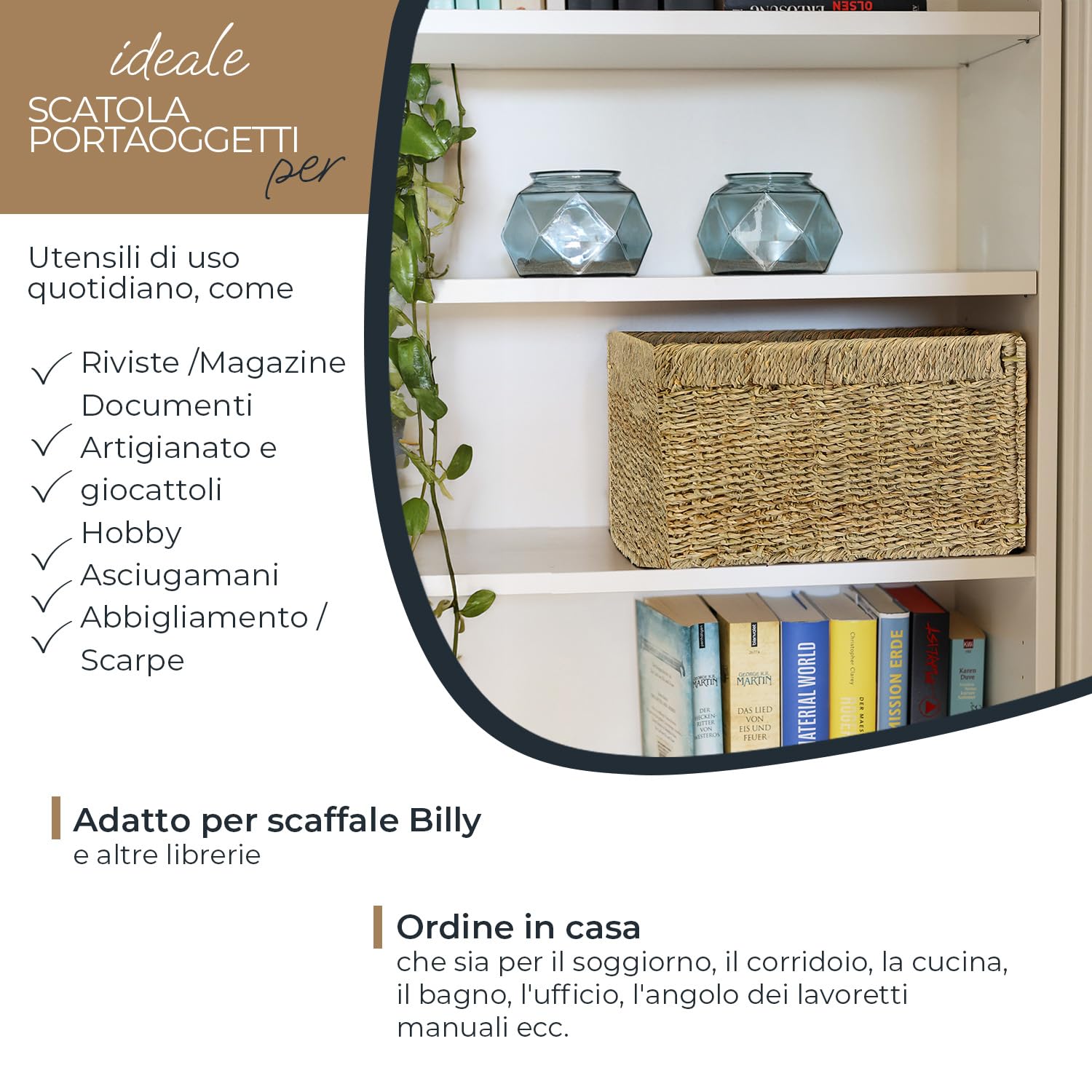 HMF Cesto portaoggetti compatibile con libreria Billy, Cesto intrecciato in alghe marine con tre manici | Set da 4 | 35 x 25 x 20 cm | Naturale