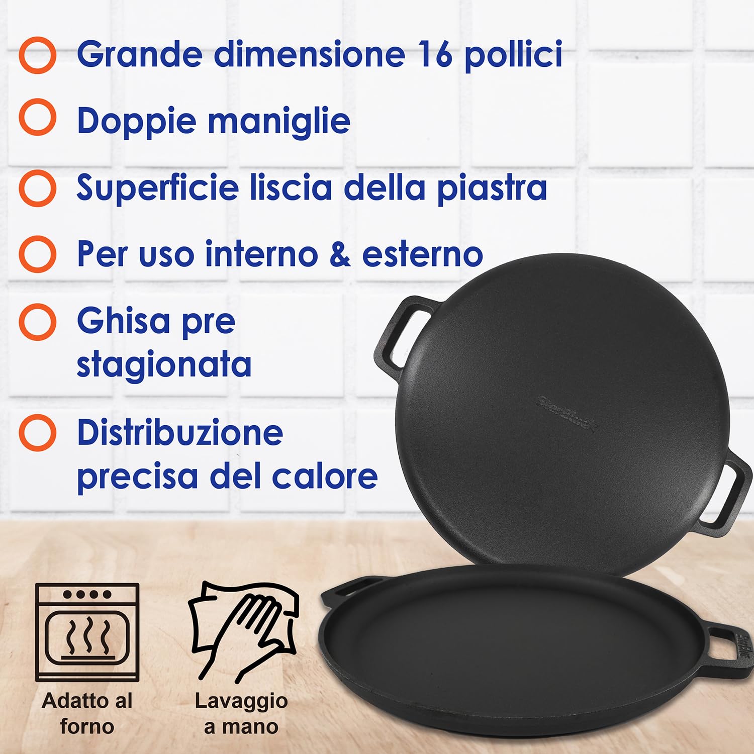 StarBlue Teglia per pizza in ghisa da 16 pollici con manici in silicone e 30 ricette Ebook, prestagionato, accessori per la cucina per gli amanti della pizza, cottura, griglia, barbecue, forno