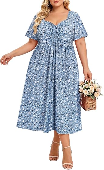 CARCOS Plus Size Dresses for Curvy Women Tie Sweetheart Neck Summer Maxi Dress Short Sleeve Empire Waist Floral Boho Dress
