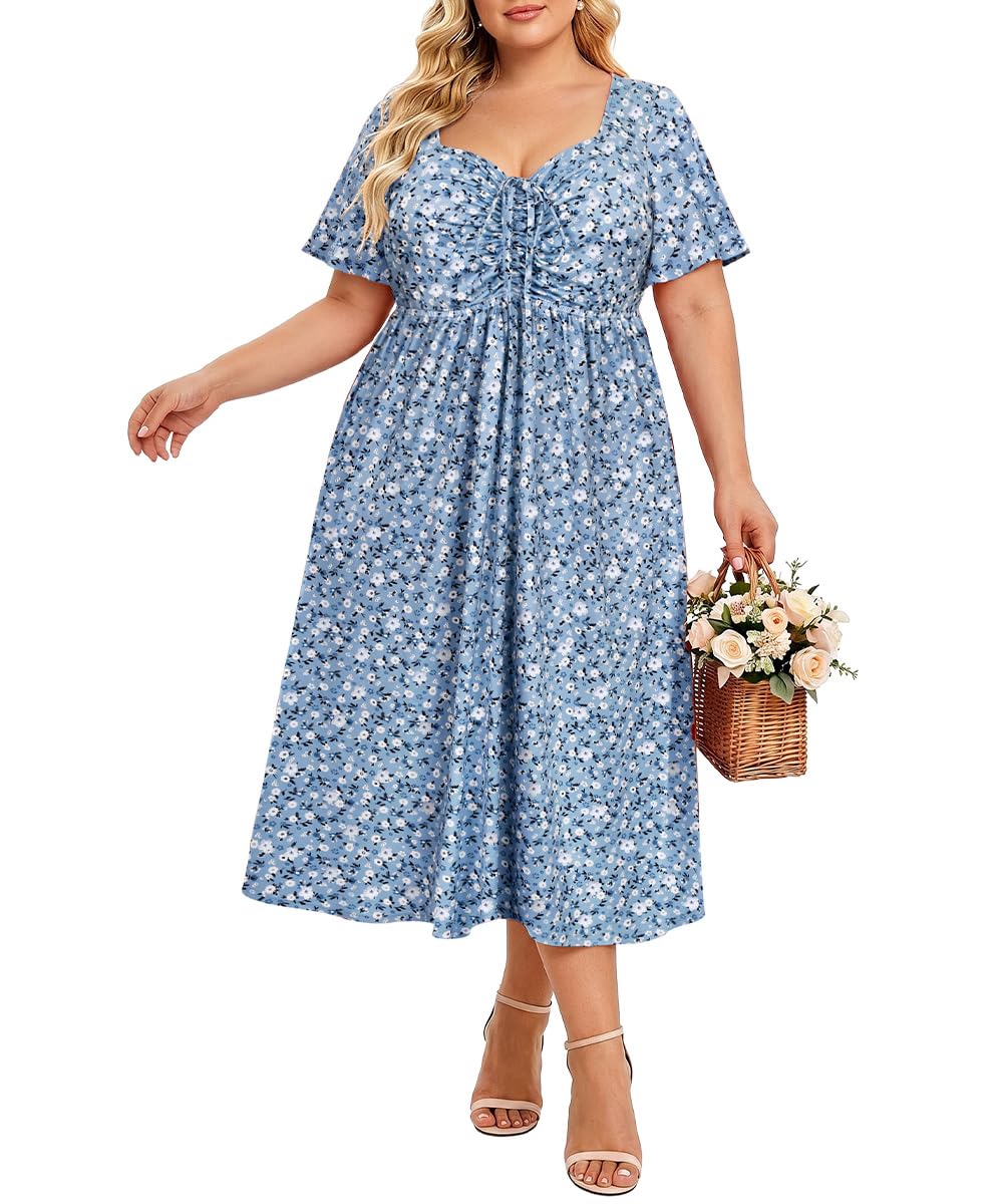CARCOS Plus Size Dresses for Curvy Women Tie Sweetheart Neck Summer Maxi Dress Short Sleeve Empire Waist Floral Boho Dress