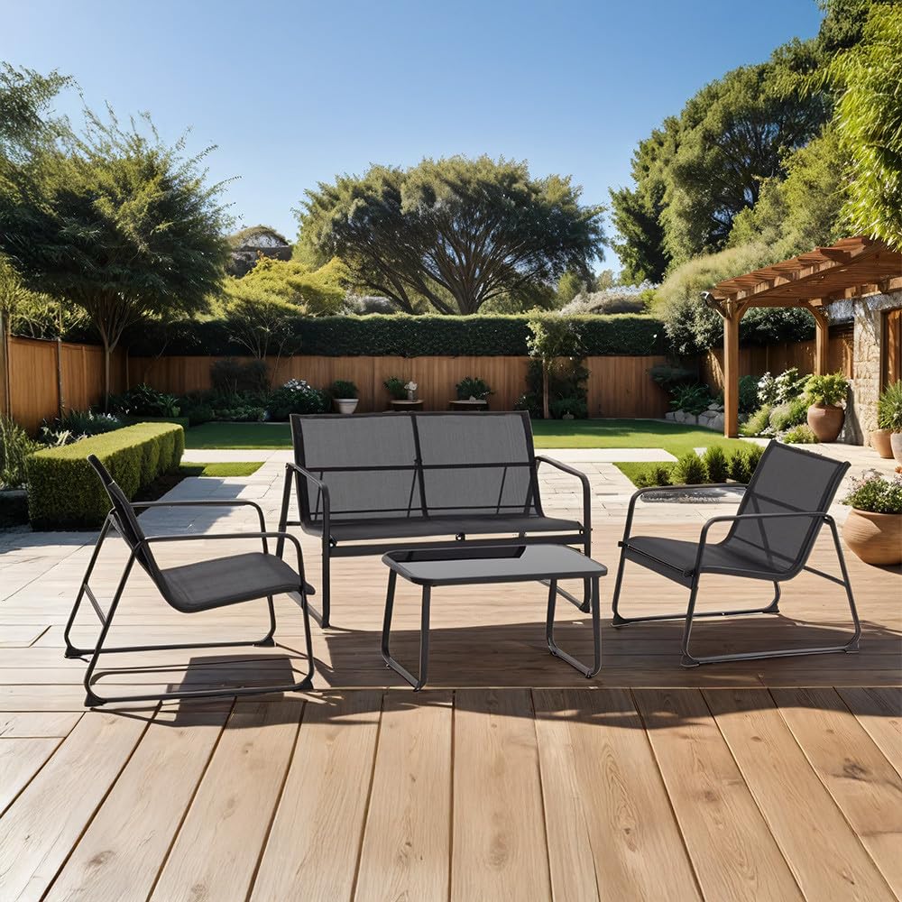 Mediawave Store - Set Giardino Zanzibar NERO 4 Pezzi: Salotto Completo da Esterno con Divano, 2 Poltrone e Tavolino da Caffè, Ideale per Terrazzo, Balcone e Veranda