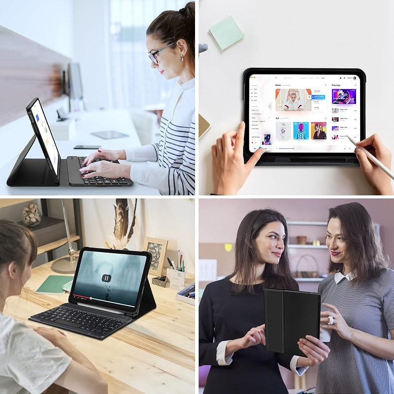 SENGBIRCH Bluetooth Billentyűzet iPad 10 Generáció 2022 10.9 Hüvelyk Védőtok Állvánnyal Apple Pencil Tartóval Fekete