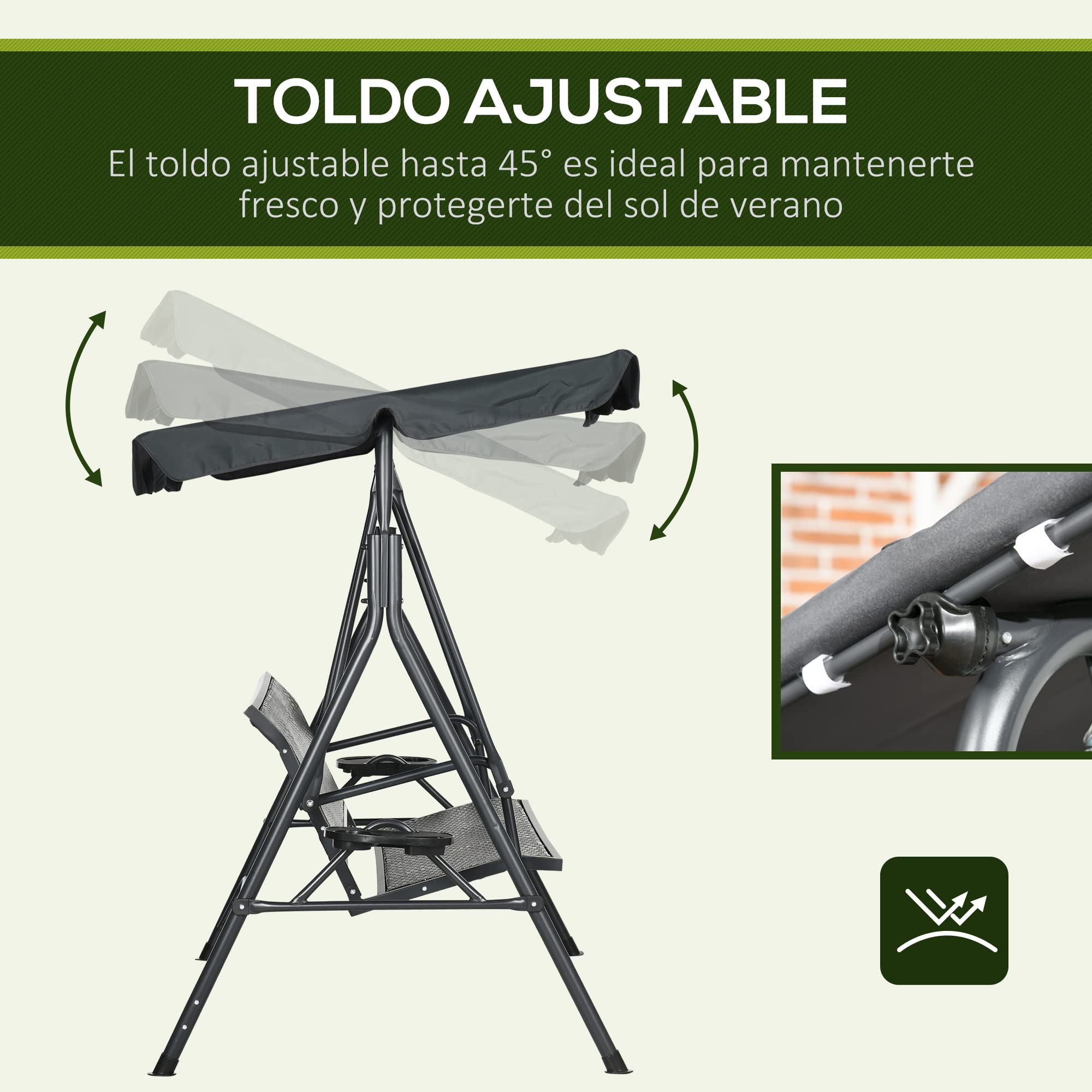 Outsunny Columpio de Jardín de 3 Plazas Banco Balancín para Exterior con Toldo Ajustable Asiento de Ratán 2 Portavasos 2 Bandejas y Marco de Acero Carga 320 kg para Terraza Patio 204x112x150 cm Gris