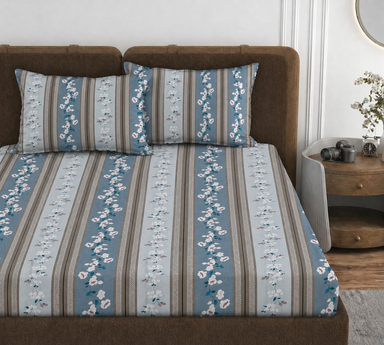 VOMZER 320 TC Cotton Feel All Around Elastic Fitted Bedsheets King Size, Premium Fitted Bedsheets King Size for Double Bed with 2 Pillow Covers, Size- 78” x 72” (Grey Blossom)