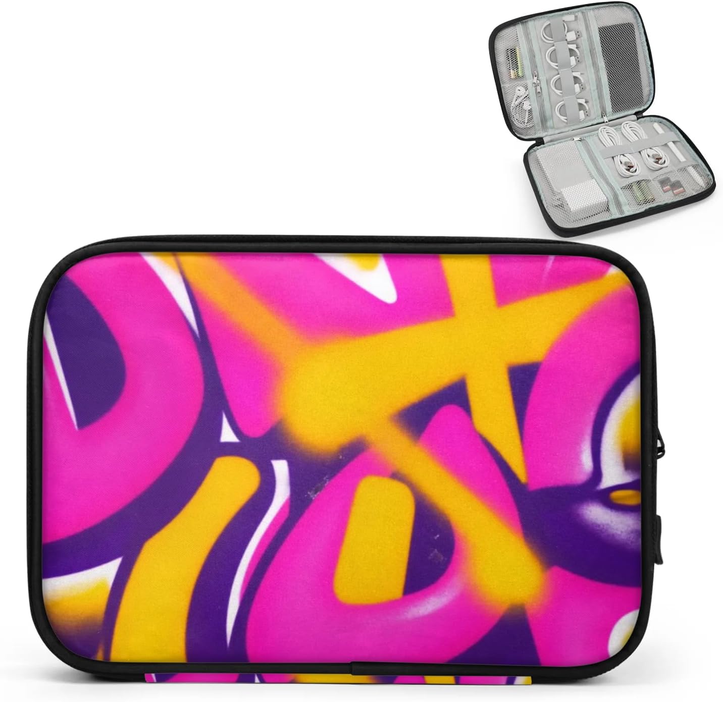 Travel Cable Organizer Pouch Pink Graffiti Carry Case Portable Water Resistant Storage Bag for Cord Charger Phone Earphone SD Card