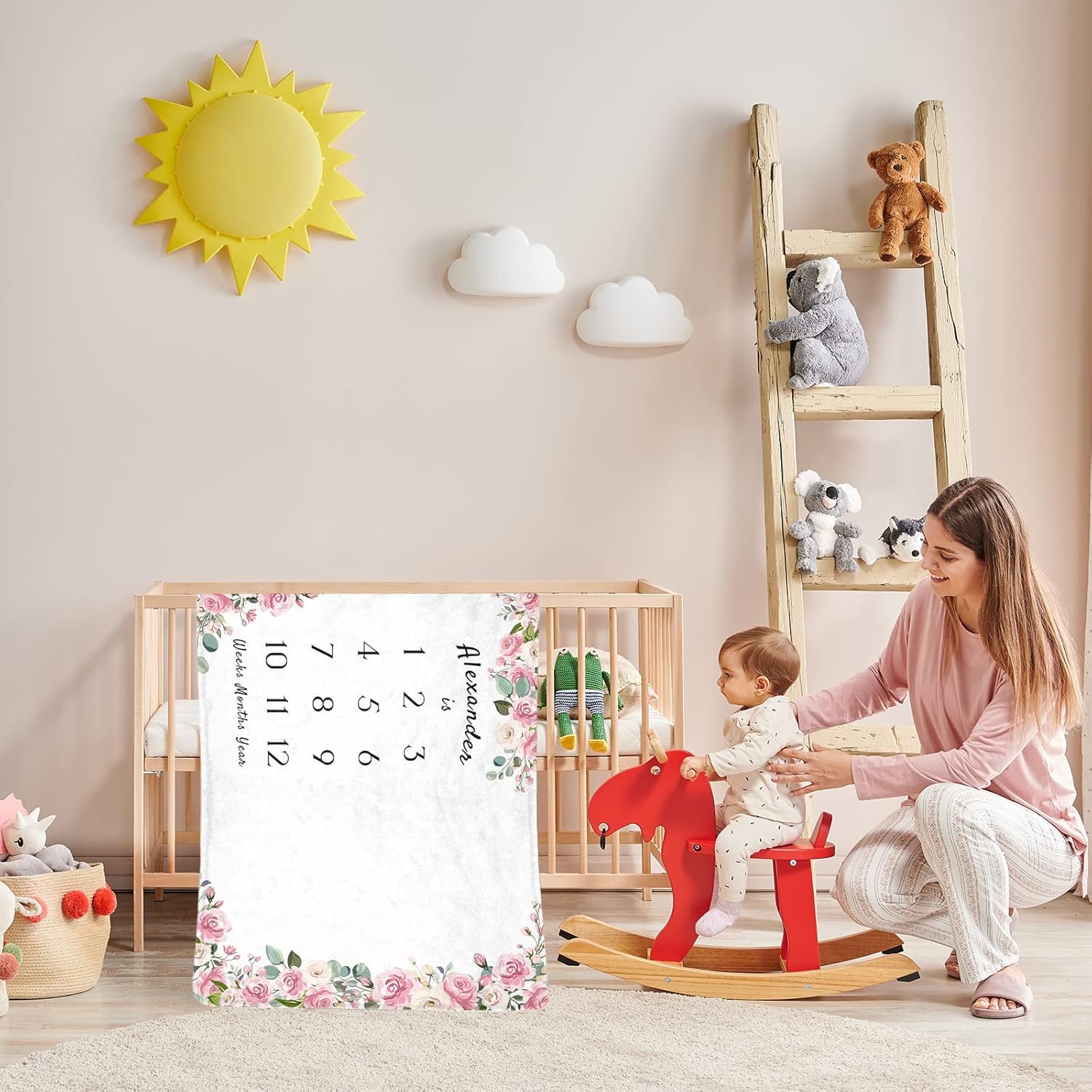 Artsadd Custom Baby Monthly Milestone Blanket with Name 40" x 50" - Personalized Baby Age Blanket with Growth Chart Blanket - Customized Newborns Floral Receiving Blankets for Girls Boys