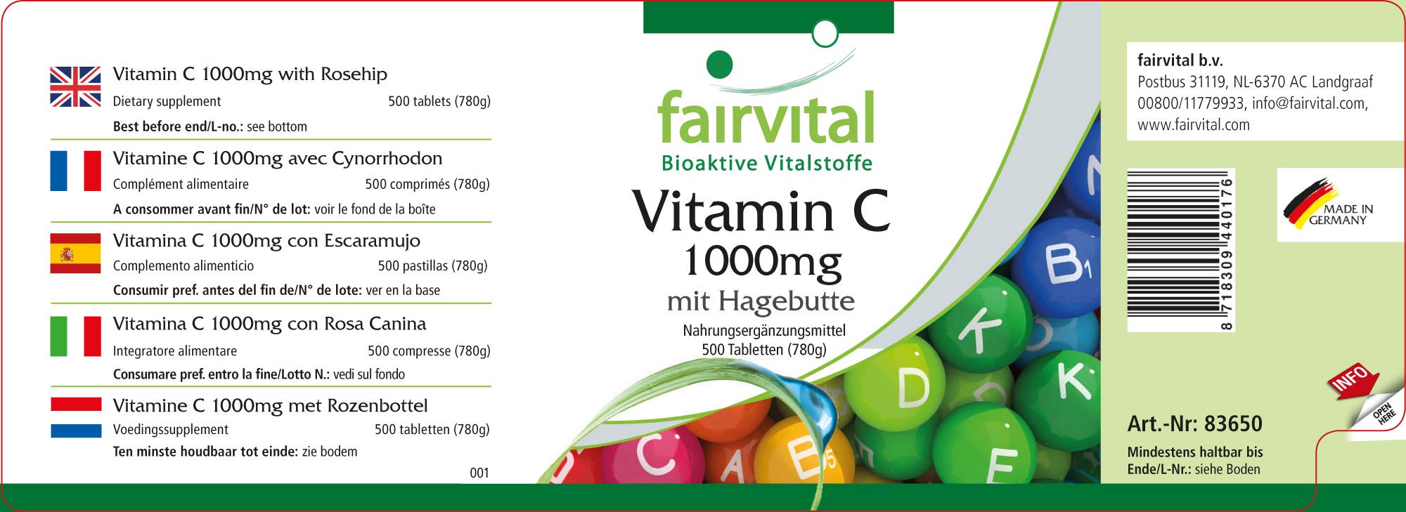 fairvital Vitamine C 1000mg, 500 comprimés, hautement dosée et à base de cynorrhodon, VÉGÉTALIENNE, facile à avaler et douce pour l'estomac, GRAND FORMAT
