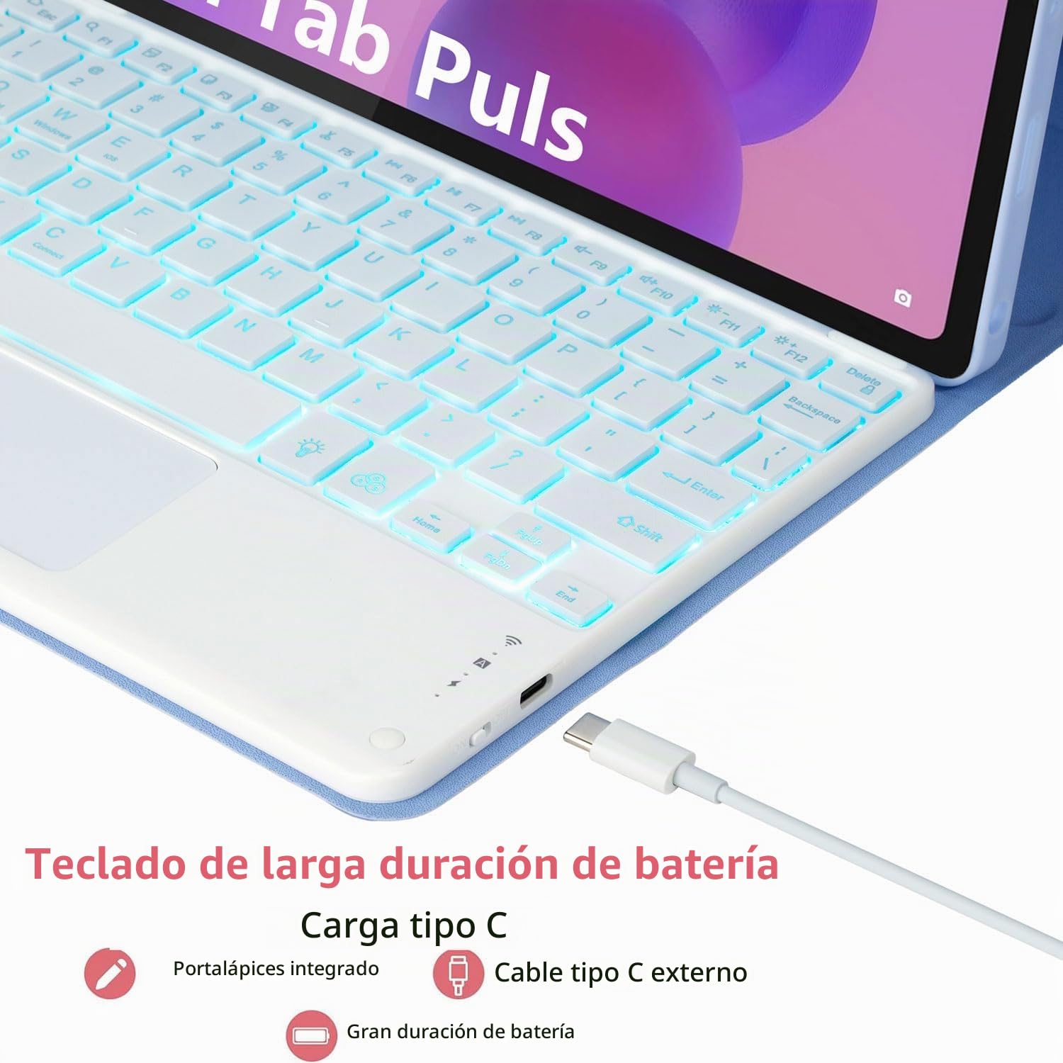 Funda con Teclado para Lenovo Idea Tab Plus 12,1 Pulgadas/Tab K12 2025 (TB361ZU/TB361FU), Español Ñ Teclado con Panel Táctil Extraíble Y Retroiluminado 7 Colores con Ratón,Púrpura