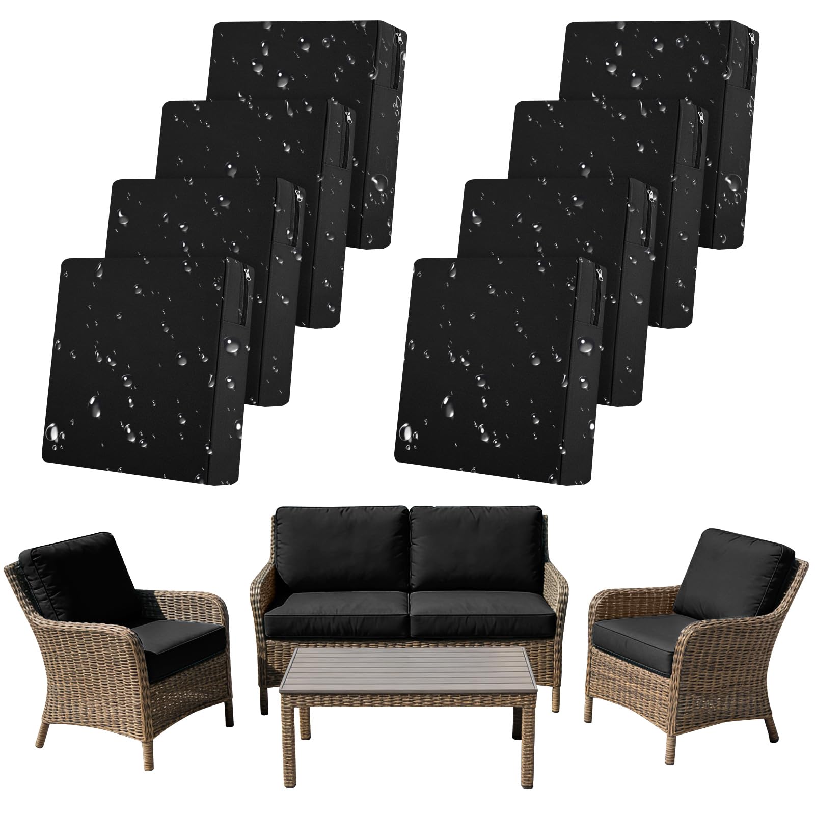 SYLC 8Pcs Outdoor Cushion Covers Waterproof Patio Cushion Covers Replacement with Zipper, Garden Rattan Sofa Seat Slipcovers Furniture Protector (Black,4pcs 60×55cm＋2pcs 60×60cm＋2pcs 55×50cm)