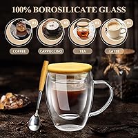 Vista 5 de PARACITY Glass Coffee Mugs Set of 2 with Bamboo Lid/Spoon, Double Wall Insulated Clear Tea Cups 12 OZ with Hand for Cappuccino/Latte/Coffee