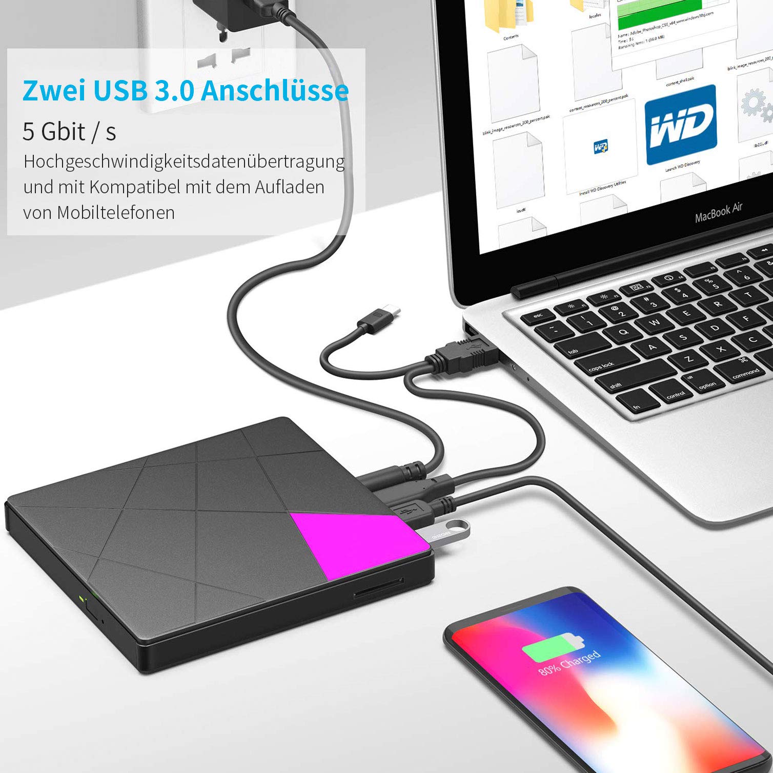 Cocopa - Unidad Externa portátil de CD y DVD, USB 3.0 Slim USB 3.0, grabadora RW, Lector de Tarjetas SD, Gran Transferencia de Datos para Ordenador portátil, Mac, iOS, Windows 10/8/7/XP/Linux