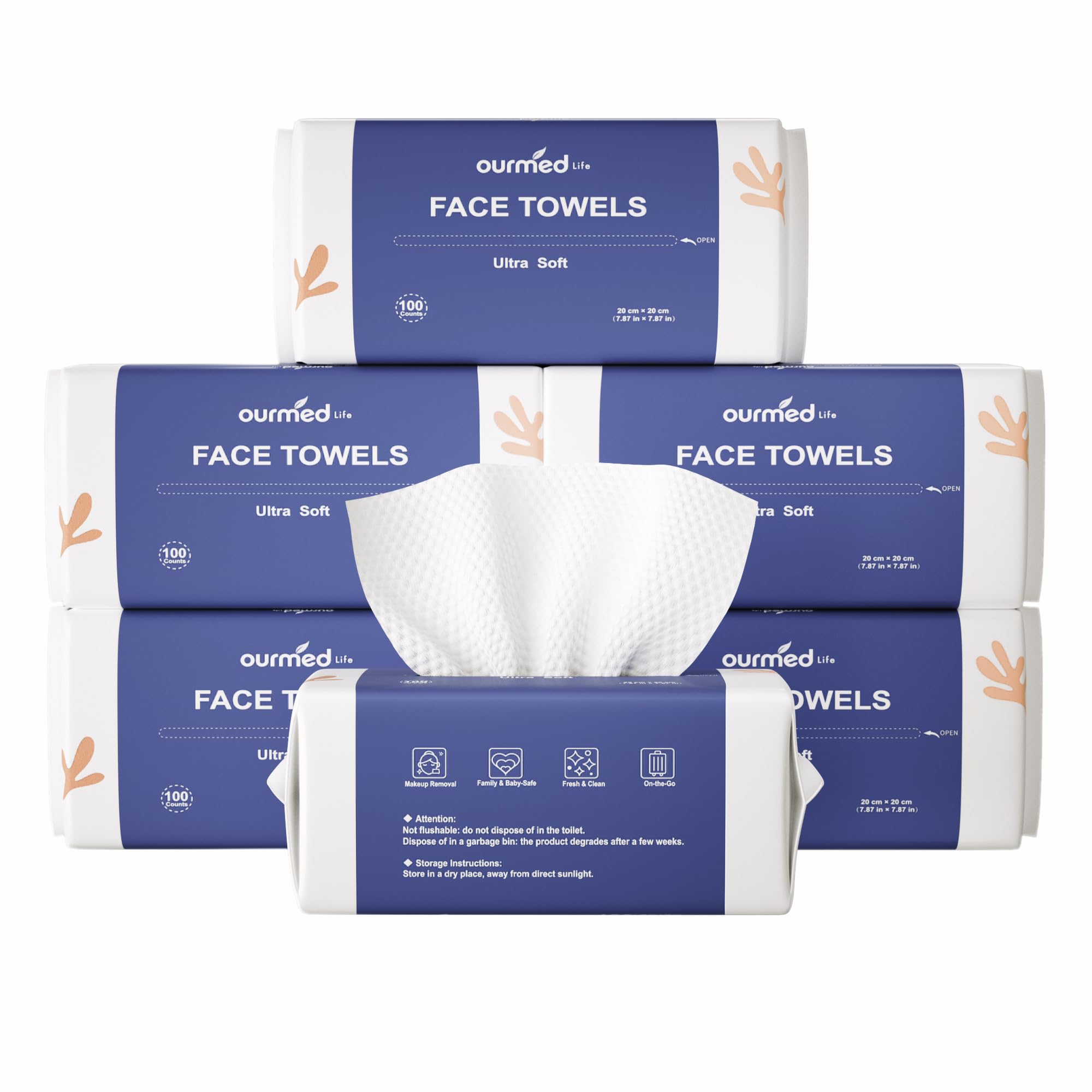 Ourmed Life Face Towels Disposable Biodegradable Clean Facial Wash Cloth for Sensitive Skin Lint- free Facial Towels for