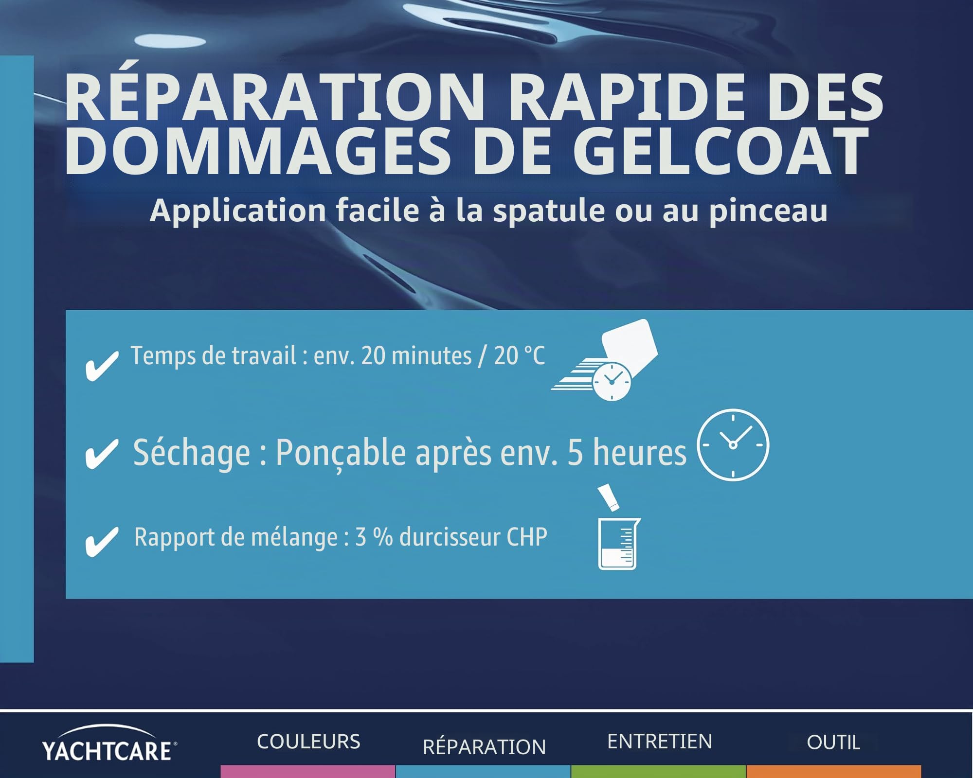Yachtcare Gelcoat Kit de réparation VT sans styrène, 200 g, pour réparer Les Petites Rayures, éraflures et éclats, séchage Rapide, idéal pour Bateau, Caravane et Camping-Car