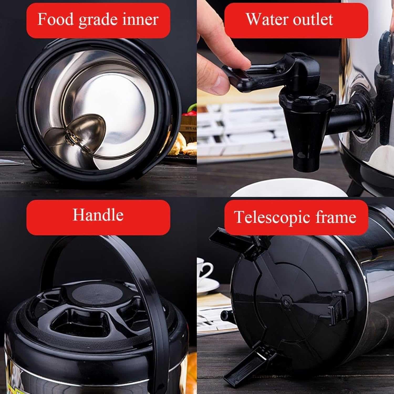 Urna comercial de gran capacidad for catering, dispensador bebidas aislado acero inoxidable 304, jarra café, urna agua caliente con grifo térmico negro(12L)