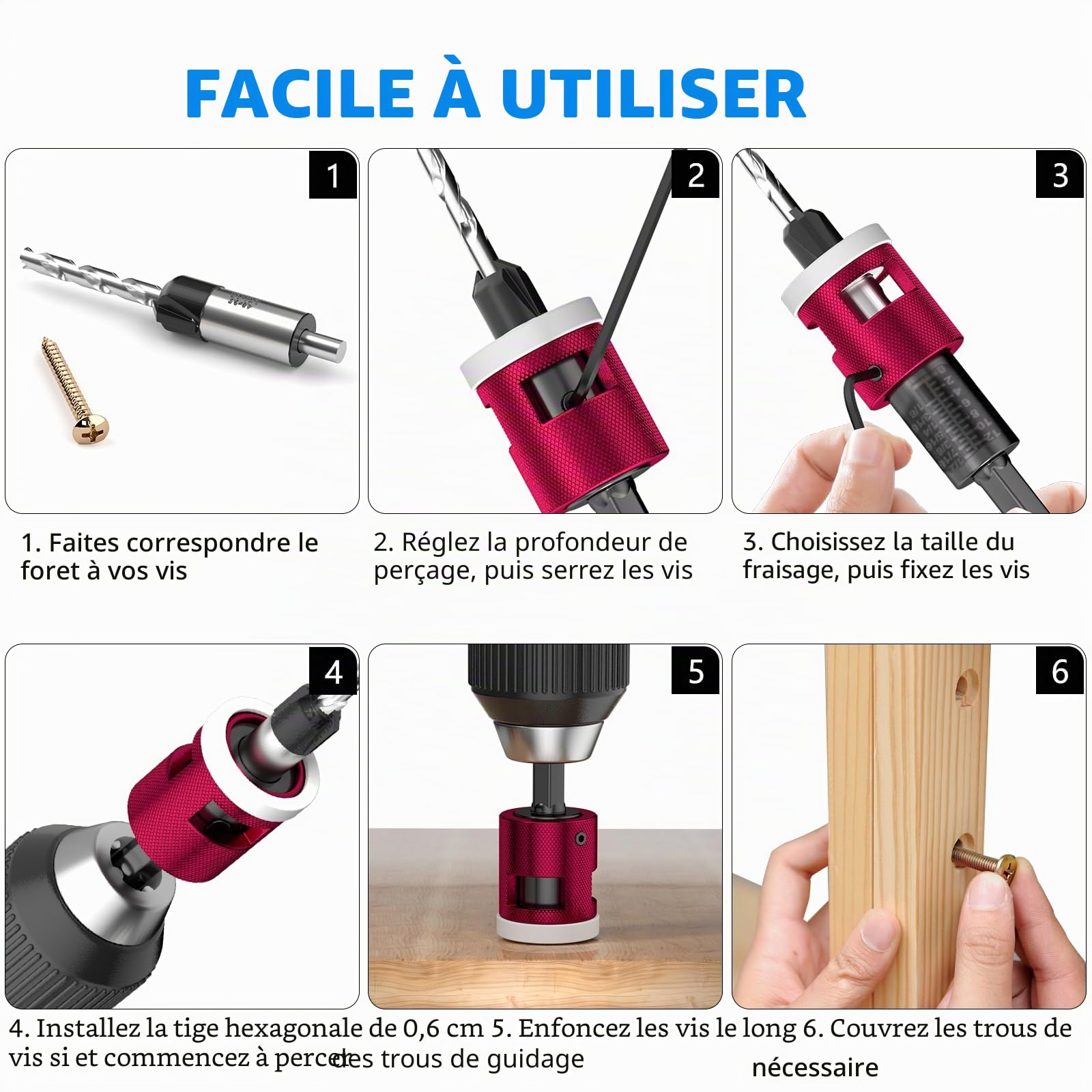 BURMONG Lot de 5 Foret Fraise avec Butée de Profondeur, Foret Fraisoir a Bois avec Tige Hexagonale 1/4", Alésage Précis Parfaits pour le Bois et Travaux de Menuiserie