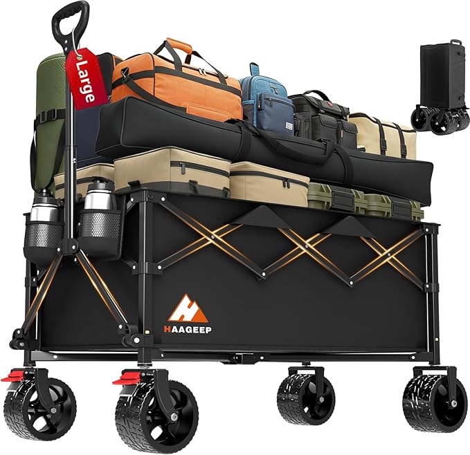 Collapsible Wagon Cart with Wheels - Foldable Wagons 220L Heavy Duty 450lbs, Beach Wagon with Big Wheels for Sand Folding Utility Wagons Carts for Sports Shopping Camping