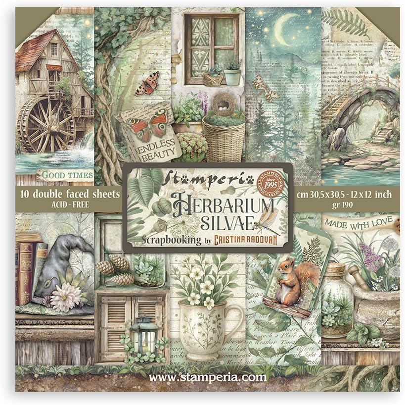 Stamperia - Scrapbook Paper Pad for Scrapbooks, Albums, Cards, Bullet Journals and More, Acid Free, Double-Sided, Perfect for Hobbies, Crafts, and Gifting (Herbarium Silvae) (30.5 x 30.5cm)