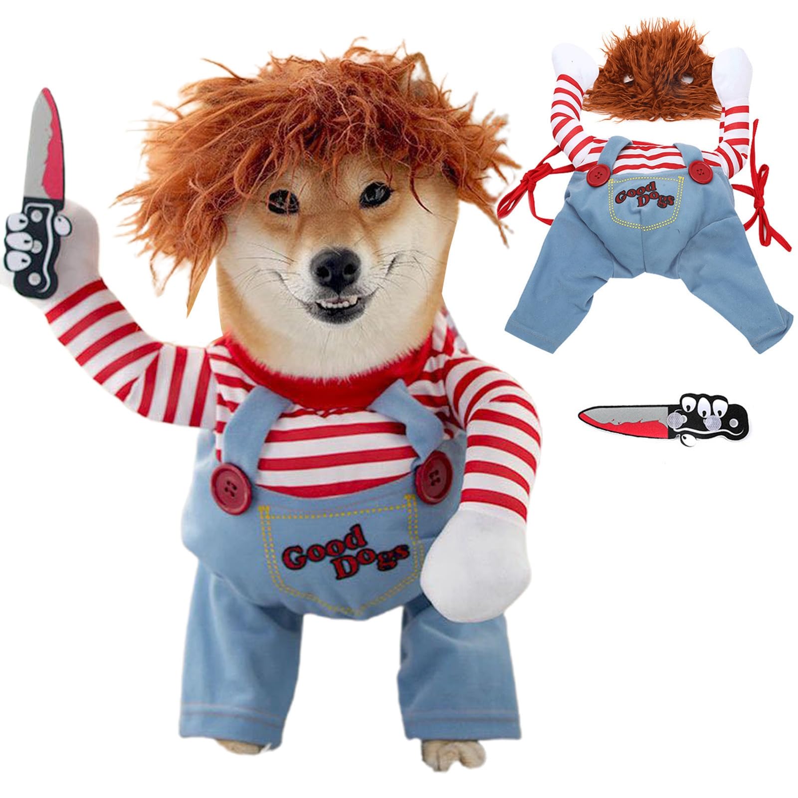 Disfraz de perro Chucky, disfraz de perro de Halloween, disfraz de perro aterrador con brazos, disfraz de perro de Navidad para perros pequeños, medianos y grandes