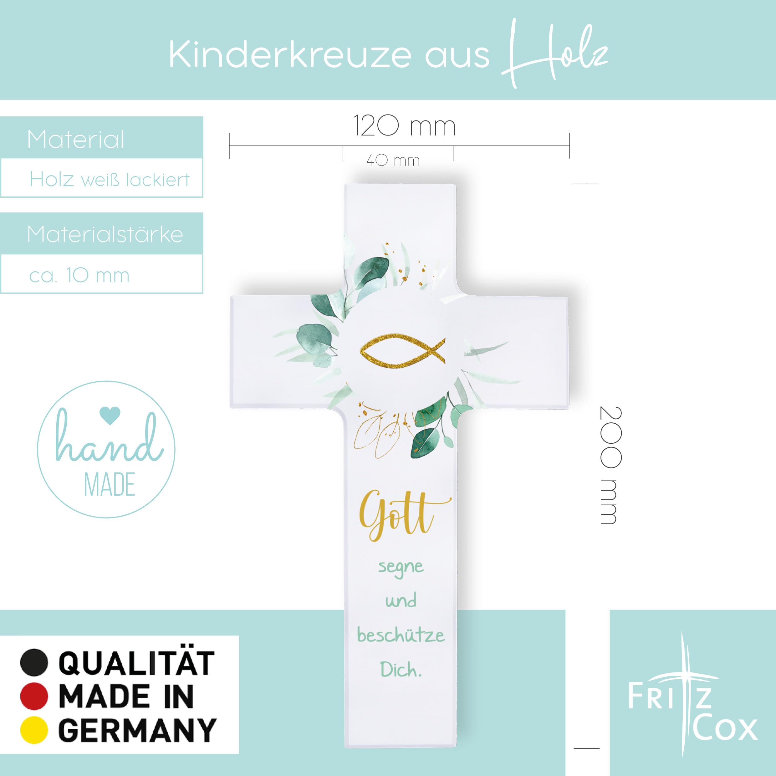 Fritz Cox Holzkreuz Fisch | Gott segne und beschütze Dich | christliches Geschenk für Kinder 20cm