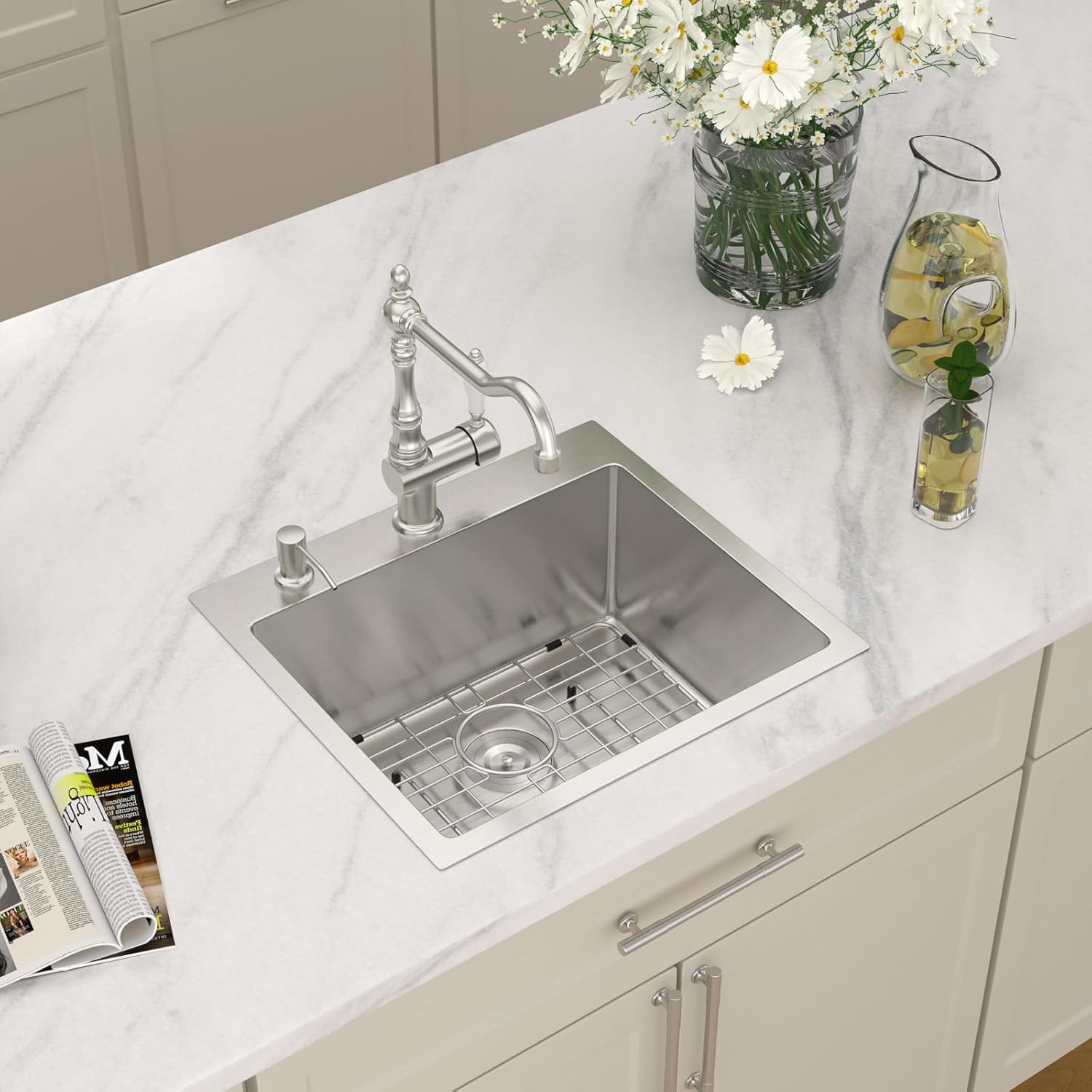 Dcolora 20 In. Drop In Kitchen Sink with Cup Washer, Stainless Steel Single Bowl Topmount Sink, Brushed Finish, 20" x18"x9" #DC-T258002