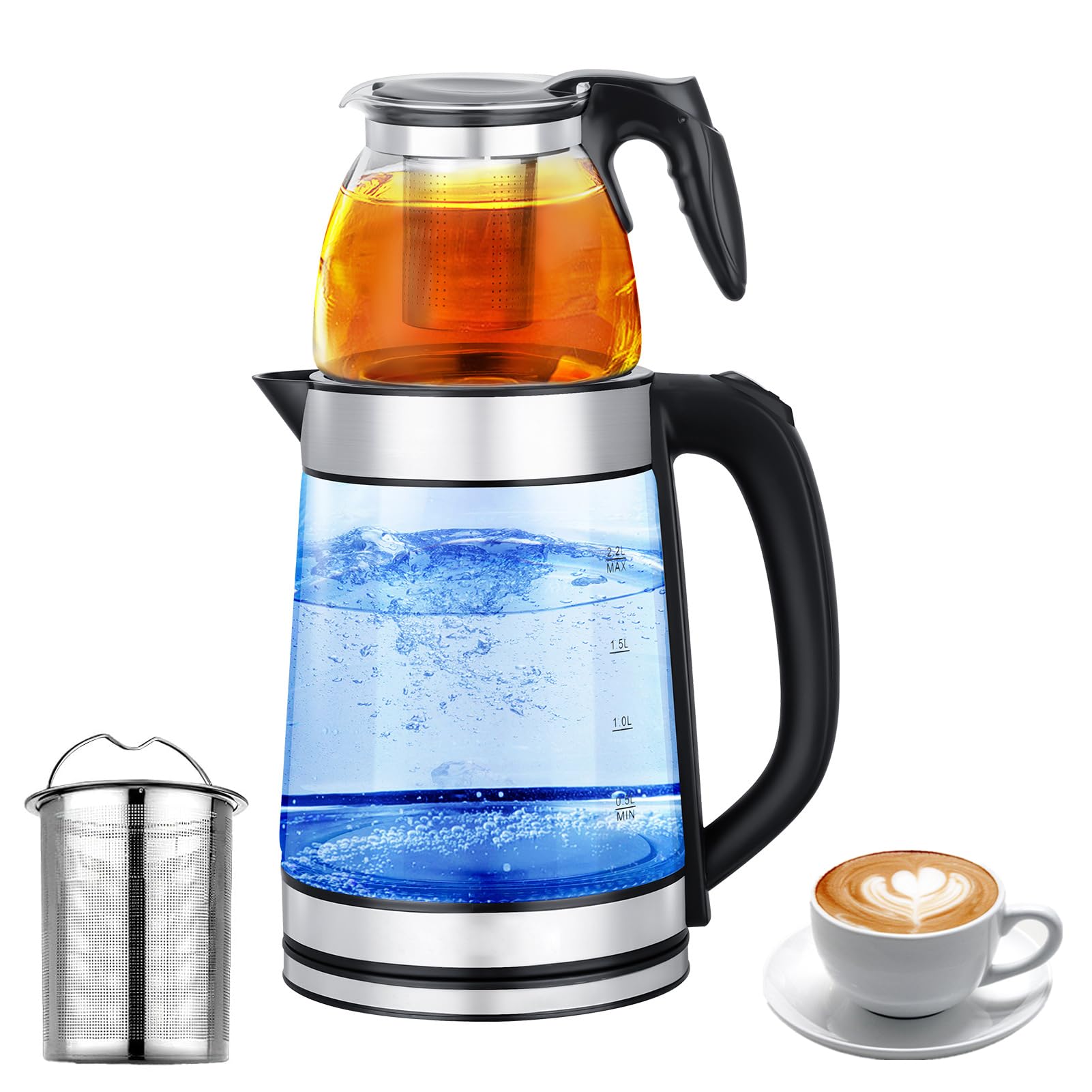 VAODO 2 in 1 Electric Kettle, 2.2L Electric Kettle +0.8L Glass Tea Maker, Turkish Electric Tea Maker, Stainless Steel Double Teapot with Washable Filter, Removable, Flat Surface