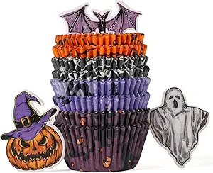 200 Pcs Halloween Cupcake Liners with 12 Pcs Cupcake Toppers, Standard Size Cupcake liners for baking, Halloween Baking Supplies and Decorations