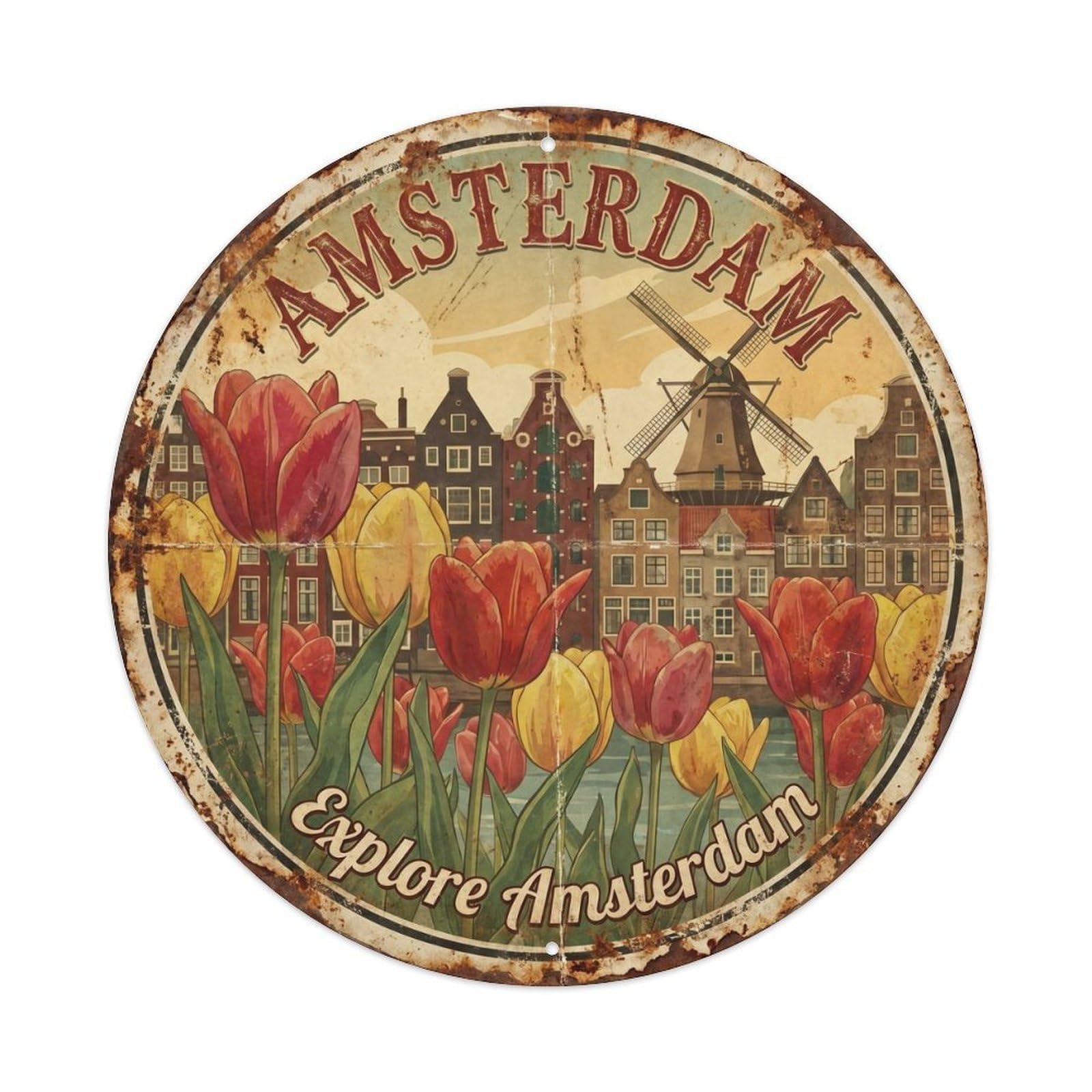 Amsterdam Tulips Vintage Dutch Travel Flower Market Garden Metal Tin Sign Plaque Wall Decor for Cafe, Man Cave, Club Bar, Office, Home Garden Round Metal Poster 8x8Inch