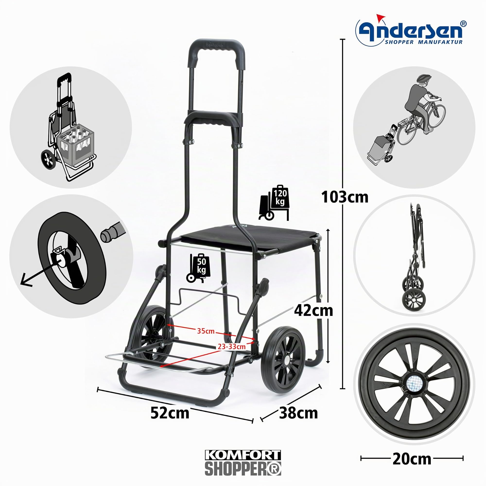 Andersen Einkaufstrolley - klappbar - 54 Liter - mit Klappsitz bis 120 kg | belastbar 50 kg - Stahlgestell - Trolley - Komfort Shopper Milla schwarz
