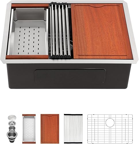 Miniatura 3 de Fregadero de cocina con estación de trabajo de montaje inferior de 27 x 19 pulgadas, acero inoxidable 304, calibre 16, cuenco individual debajo del