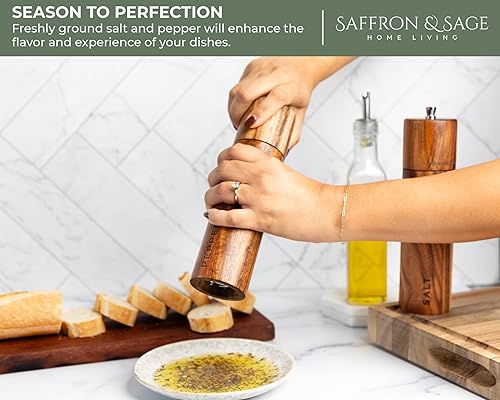 Miniatura 6 de Saffron & Sage Premium - Molinillo de sal y pimienta de madera de acacia de 2 a 8 pulgadas de alto con ajustes gruesos ajustables, resistente a la