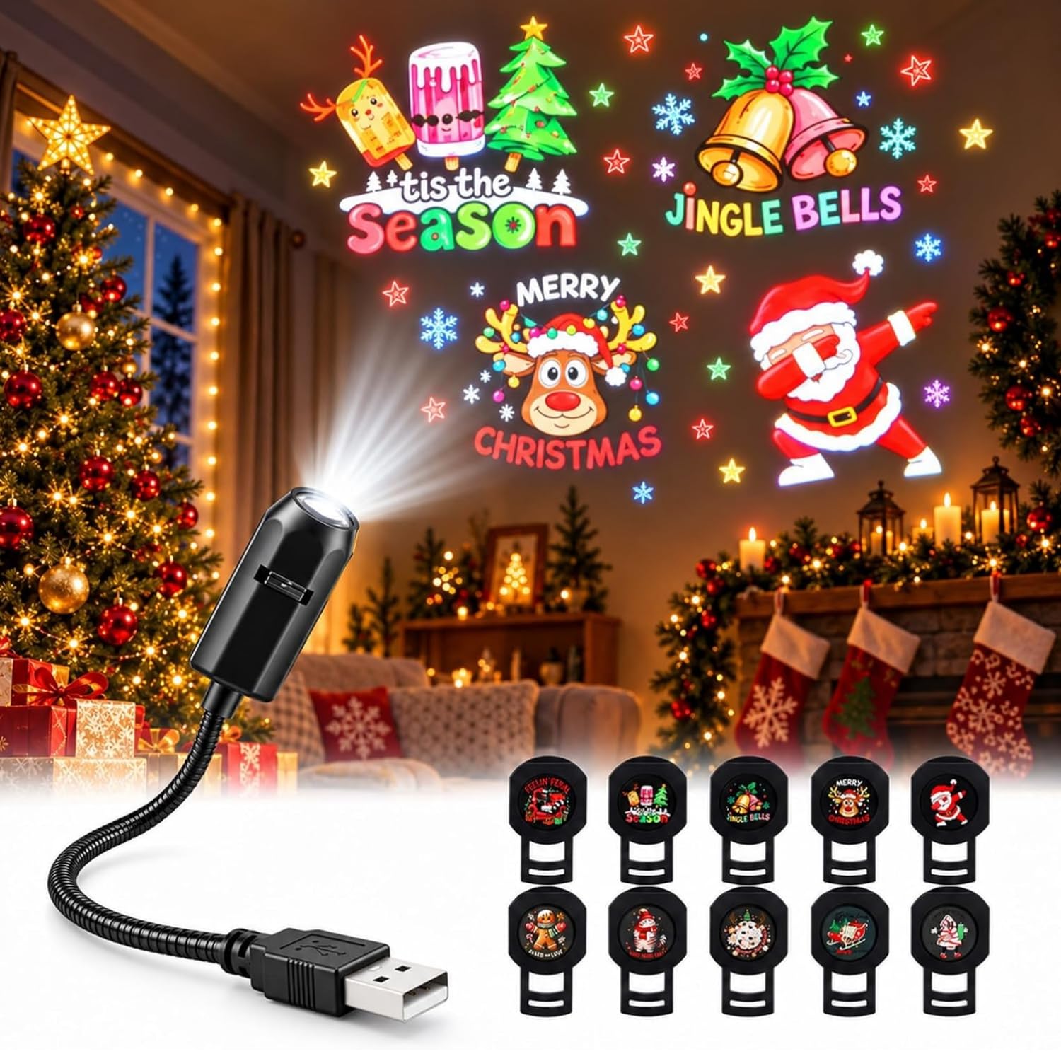 FENGSHENG-SHOP Christmas Projector Lights, Plug and Play HD Xmas Projector with 10 Festive Projection Films, 360° Rotating USB Christmas Projection Light for Bedroom, Wall, Ceiling & Party Decor