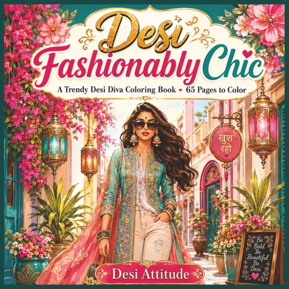 Desi Fashionably Chic | An Indian Fashion Coloring Book for Adults and Teens: 65 Pages of Desi Divas, Bollywood Style Outfits, South Asian Partywear, and Cultural Designs to Color