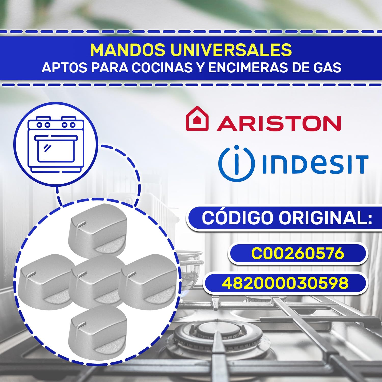 5 Piezas Mando Giratorio para Cocina de Gas Ø 35 mm con Código Original C00260576 para Ariston para Indesit - Garantía de 10 Años - MONTERAL