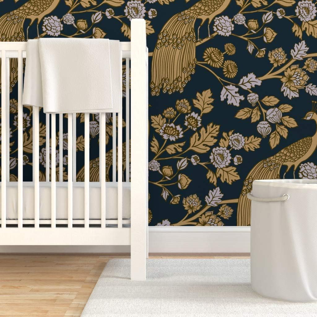 Removable Wallpaper 3ft x 2ft - Peacock Garden Rococo Baroque Chinoiserie Ornamental Decorative Midnight Gold Ornate Asian Black Custom Pre-Pasted Wallpaper by Spoonflower