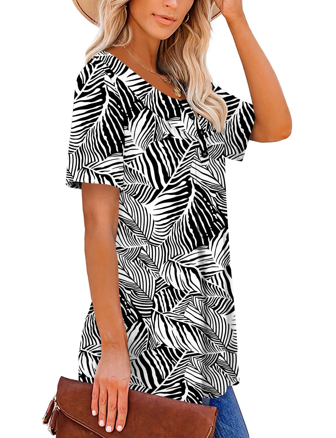 ROSELINLIN Women's Short Sleeve Shirts Floral Summer Tops Loose Fit for Leggings