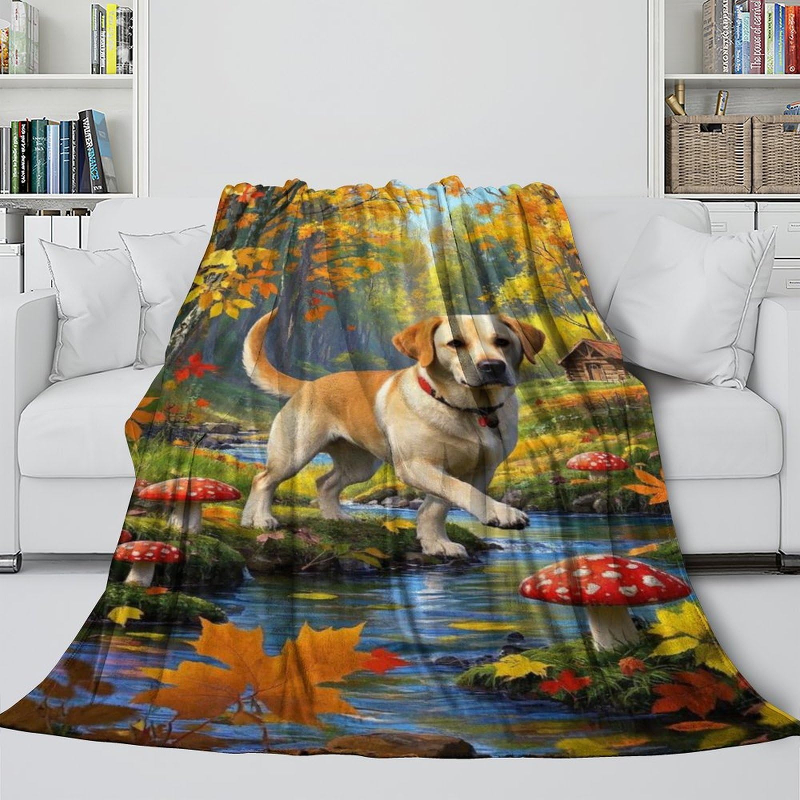 Chien Labrador Retriever Couverture en Flanelle Polaire 3D Motif Couverture De Canapé Forêt d'automne Confortable Et Respirante pour Canapé Et Salon 70x80inch(180x200cm)