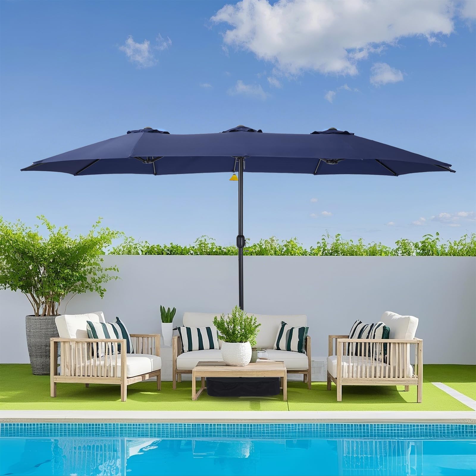 Caprihom 13ft Patio Umbrellas with Base Included, Outdoor Double-Sided Rectangle Market Umbrella with Crank Handle, for Poolside Lawn Garden, Blue
