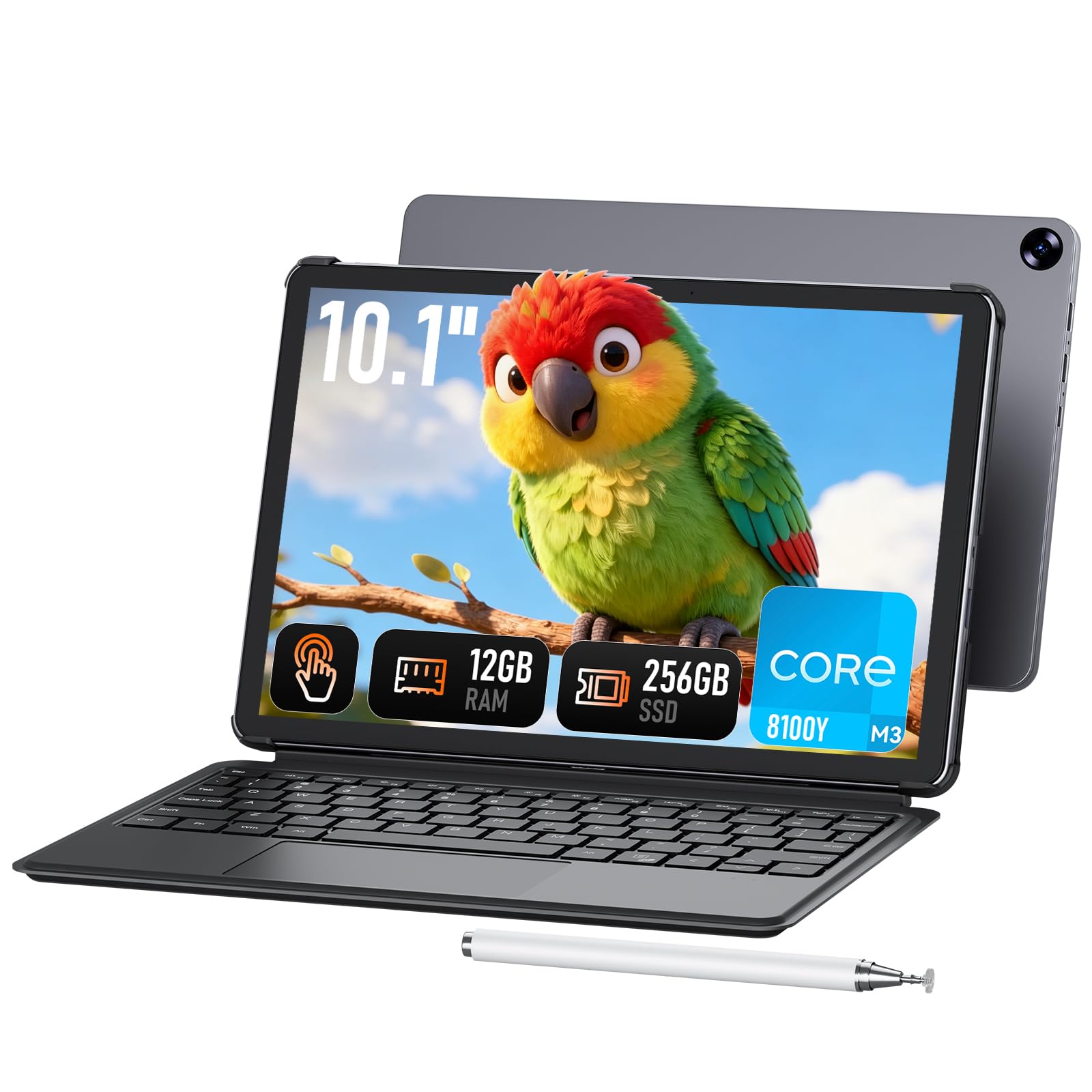 Vowmoon Laptop Tablet 2-in-1 da 10,1", 12 GB RAM, SSD 256 GB, M3-8100Y (fino a 3,40 GHz) | Touchscreen con stilo e tastiera | Wi-Fi 5, Bluetooth 5, HDMI