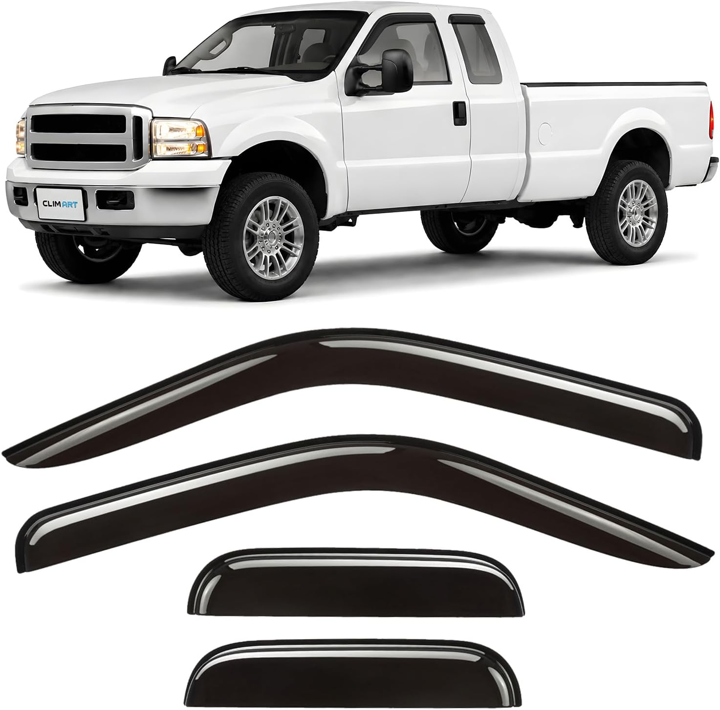 CLIM ART Incredibly Durable Rain Guards for Ford F250 F350 Super Duty 1999-2016 SuperCab, Tape-on Window Deflectors, Vent Deflector, Vent Window Visors for Cars, Truck Accessories, 4 pcs- 499117LP