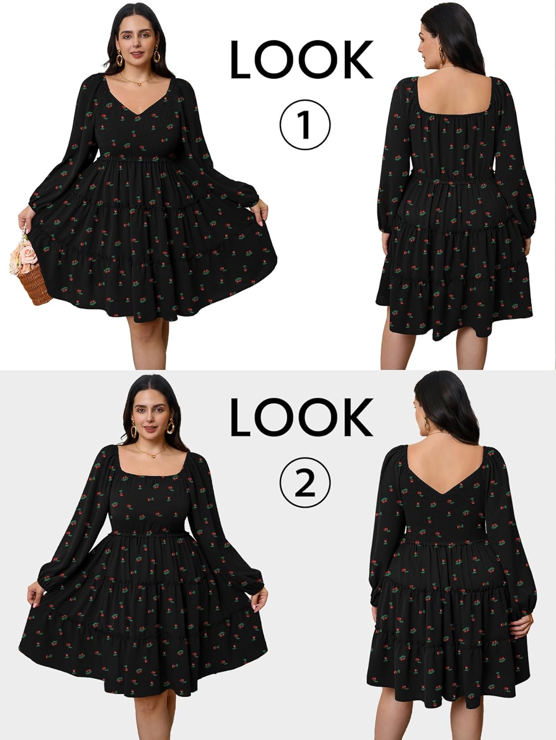 Women's Plus Size Dress Long Sleeve Sweetheart Neckline Smocked Ruffle A Line Tiered Babydoll Mini Short Dresses - Image 4