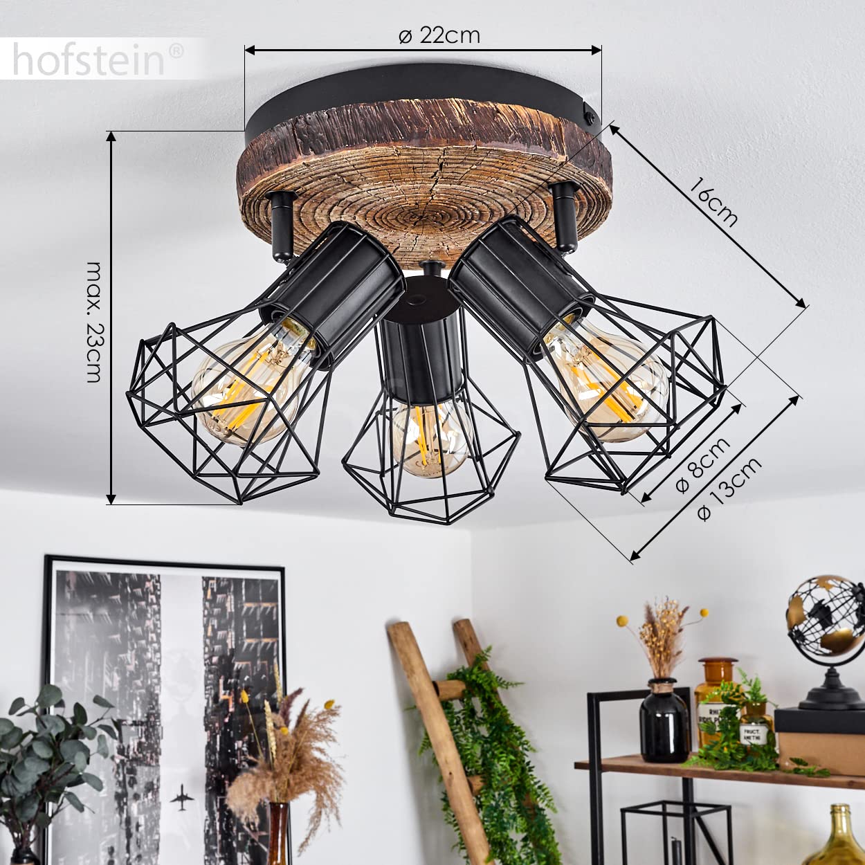 Lampa sufitowa Bardhaman, lampa sufitowa z metalu w optyce czarnej/drewna, spot w stylu retro/vintage z regulowanymi kloszami w optyce kraty z efektem świetlnym, 3 żarówki, gniazdo E27, bez żarówek
