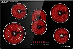 FUDELAI Cooktop Elétrico De 30' Com 5 Bocas, Fogão Infravermelho 8500 W Controle Toque E Temporizador, Embutido/De Bancada, 9 Níveis Potência, Trava Para Crianças, Segurança Automática, Vidro Fácil