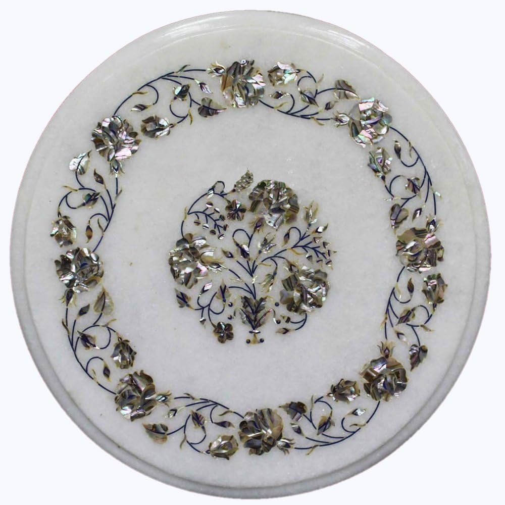 White Marble Inlay Pietre Dura Coffee Table Top 12" inch ~ Mother Of Pearl Handicrafted Inlay Art Work Beautiful Simple Design Marble Made From One Semi-precious Stone Home Decor For Gift Purpose